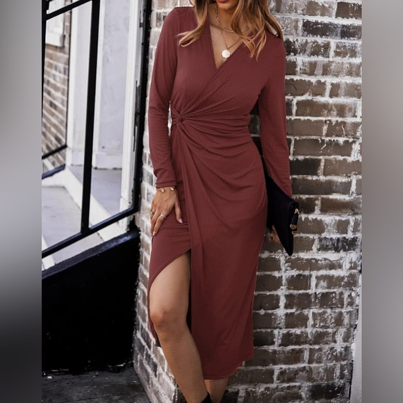 SHIBEVER Casual Dresses for Women V Neck Long Sleeve Front Waist Ribbed - Picture 4 of 7